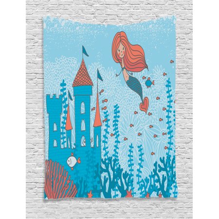 Kids Wall Hanging Tapestry Illustration Art Of Little Mermaid Under The Sea In Corals With Castle And Little Fish Bedroom Living Room Dorm Decor