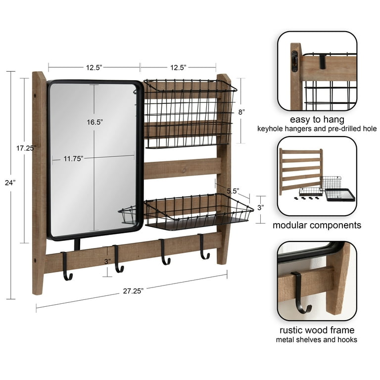 Kate and Laurel Tanner Wall Organizer with Mirror and Hooks 28x8x24 Rustic Brown Black