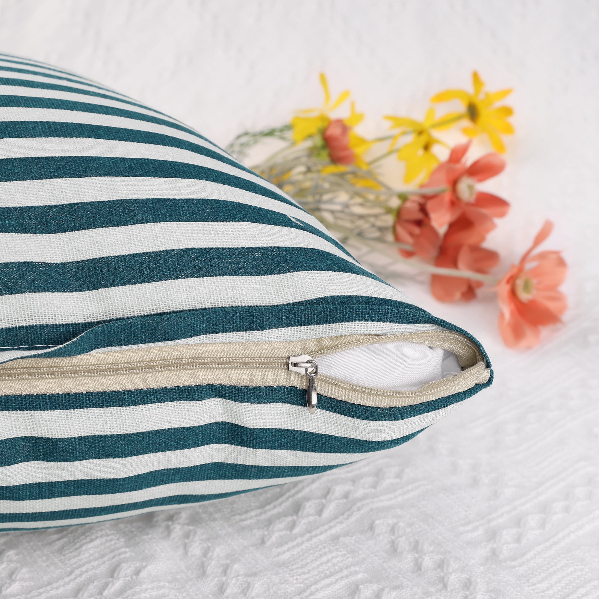 Unique Bargains Striped Throw Pillow Covers Linen Decorative Cushion Cases Blue 18" x 18"