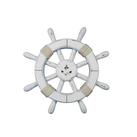 Handcrafted Decor rustic-white-sw-12-anchor Rustic White Decorative Ship Wheel with Anchor- 12 in.