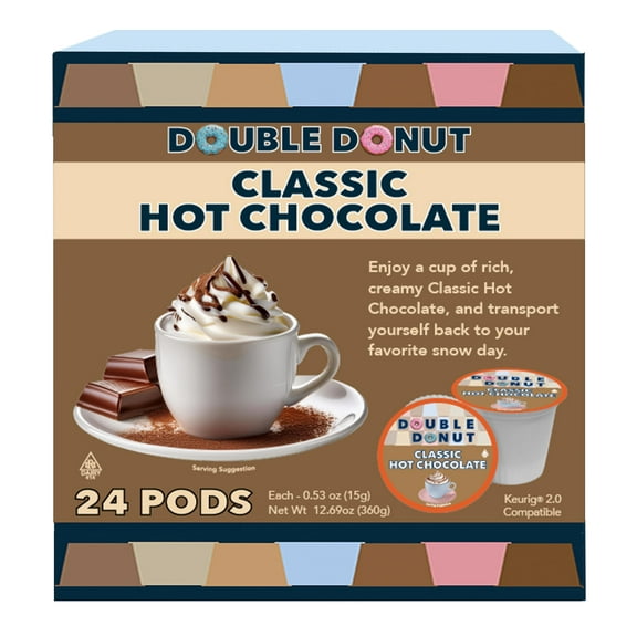 Double Donut Coffee Hot Chocolate Pods for Keurig K Cups Brewers, Single Serve Classic Hot Cocoa Pods, 24 Count