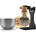 thumbnail image 1 of Set de Afeitar Anbbas 4 en 1 Brocha de Afeitar de Pelo de Tejón Puro Mango de Madera Maciza de Fresno de Manchuria Soporte de Afeitar Acrílico Negro Resistente a Roturas Tazón de Afeitar de Acero Inox, 1 of 3
