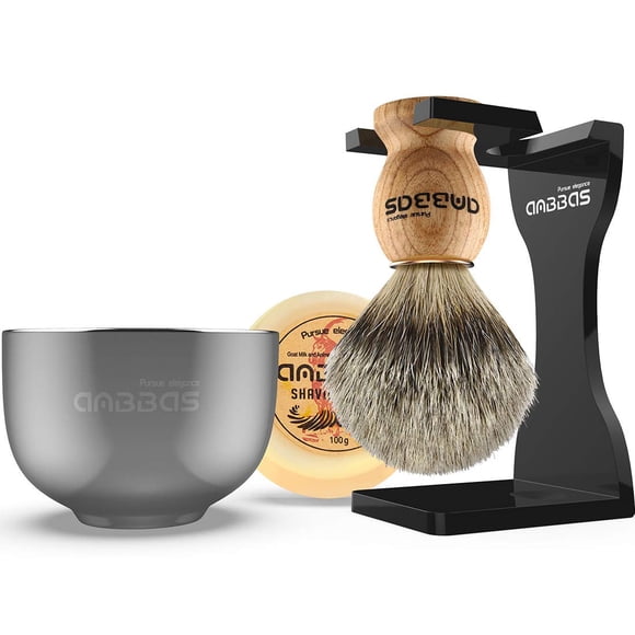 Set de Afeitar Anbbas 4 en 1 Brocha de Afeitar de Pelo de Tejón Puro Mango de Madera Maciza de Fresno de Manchuria Soporte de Afeitar Acrílico Negro Resistente a Roturas Tazón de Afeitar de Acero Inox