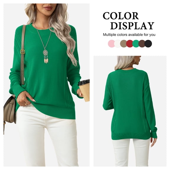 Asklazy Women's Fall Soft Crewneck Long Sleeve Hollow Cable Knit Pullover Sweaters,Green(S-3XL)