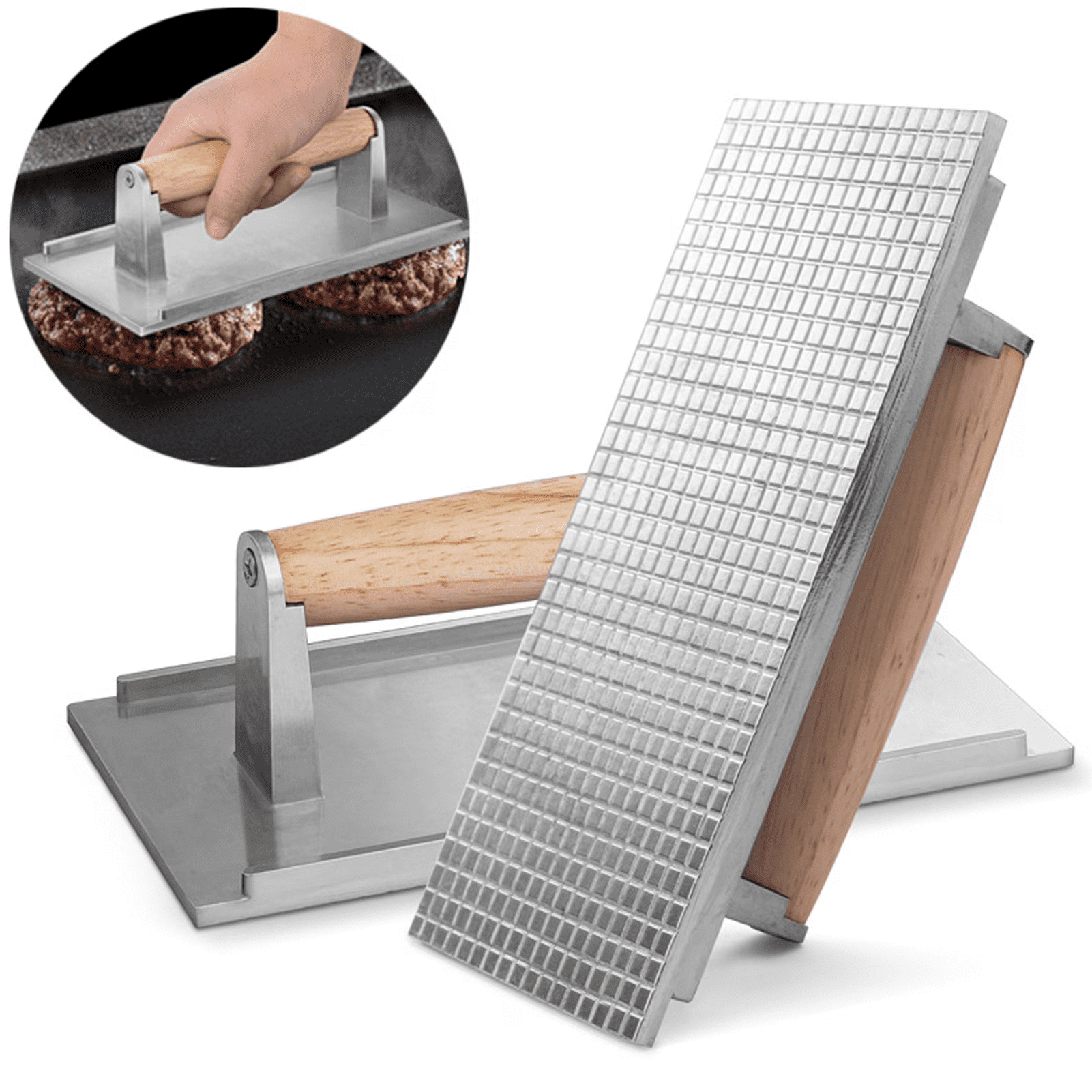 KUMHONW 21.5cm×11.5cm Heavy-duty Cast Iron Grill Burger Press and Meat Steak with Wood Handle for Blackstone Camp Chef Pitboss Weber Griddle Grills Silver