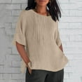 thumbnail image 3 of Ecqkame Women's Cotton Linen Lightweight Tops Summer Casual Loose Half Sleeve Crew Neck Shirt Side Split Solid Color Trend Tunic Tops Khaki XXXXXL, 3 of 4