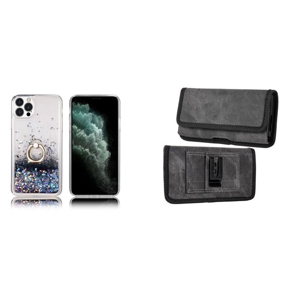 Waterfall Liquid Glitter Stand Case and Belt Holster Pouch for iPhone 14 Pro (Black/Gray)