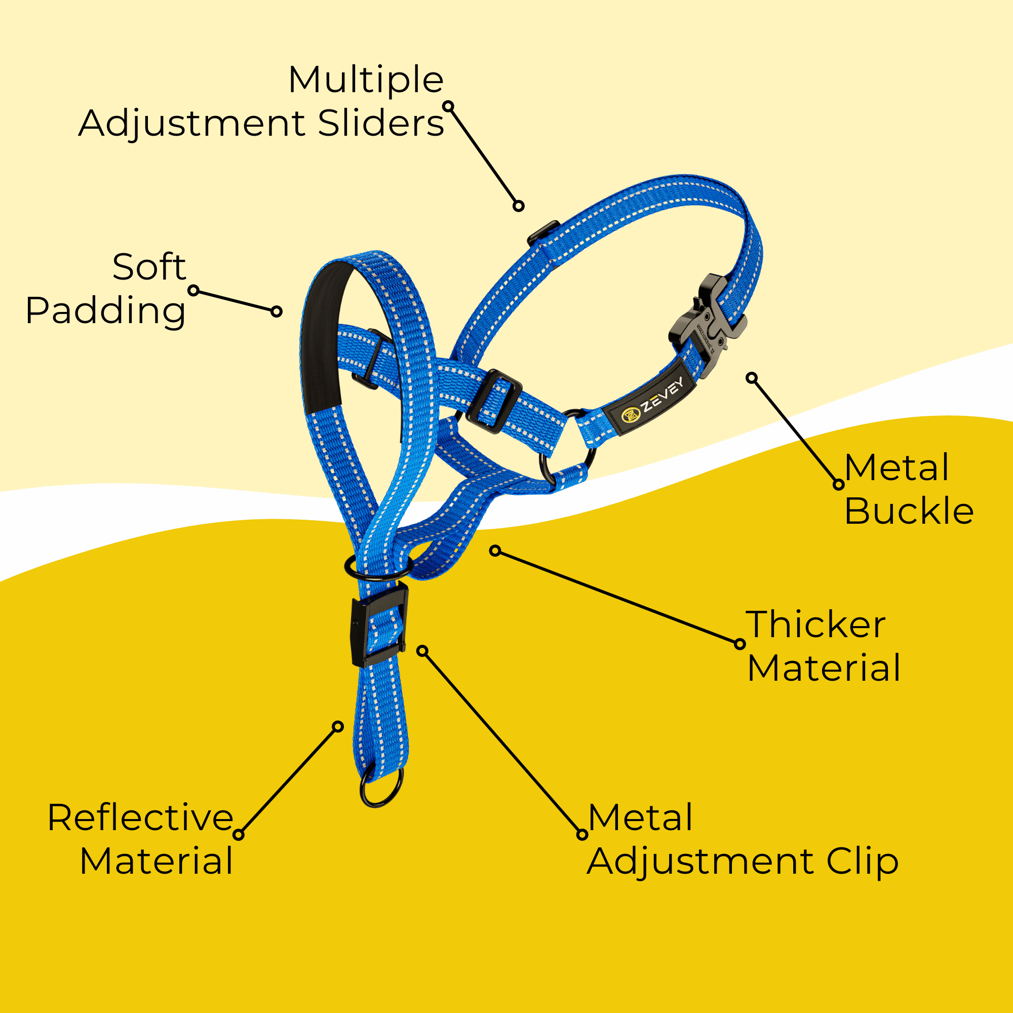 Zevey Dog Headcollar With Leash And Safety Strap Stops Heavy Pulling On The Leash Padded Reflective Head Halter For Small Medium Large Dogs Adjustable Head Harness For Training And Walking, (M, Blue)