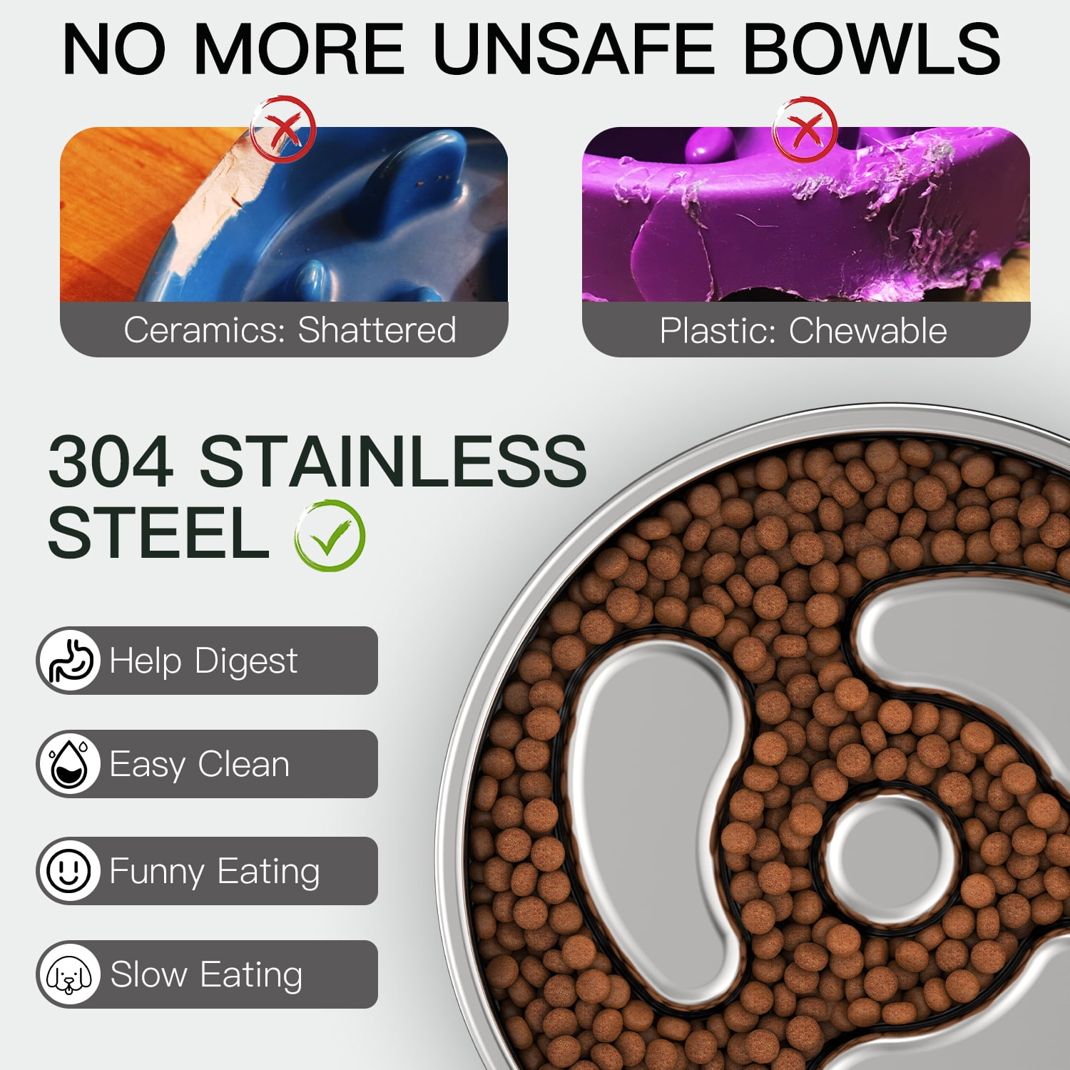 Feedoo 1-Cup Stainless Steel Slow Feeder Dog Bowl - Anti-Choking, Non-Slip Base, Dishwasher Safe (Small Size)