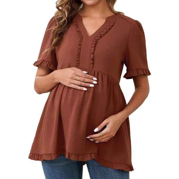 INSPIRAR CHIC Blusas de Maternidad para Mujeres Boho con Volantes Cuello en V Camisetas de Manga Corta Sueltas y Fluidas Ropa Casual 2025 Marrón XX-Large