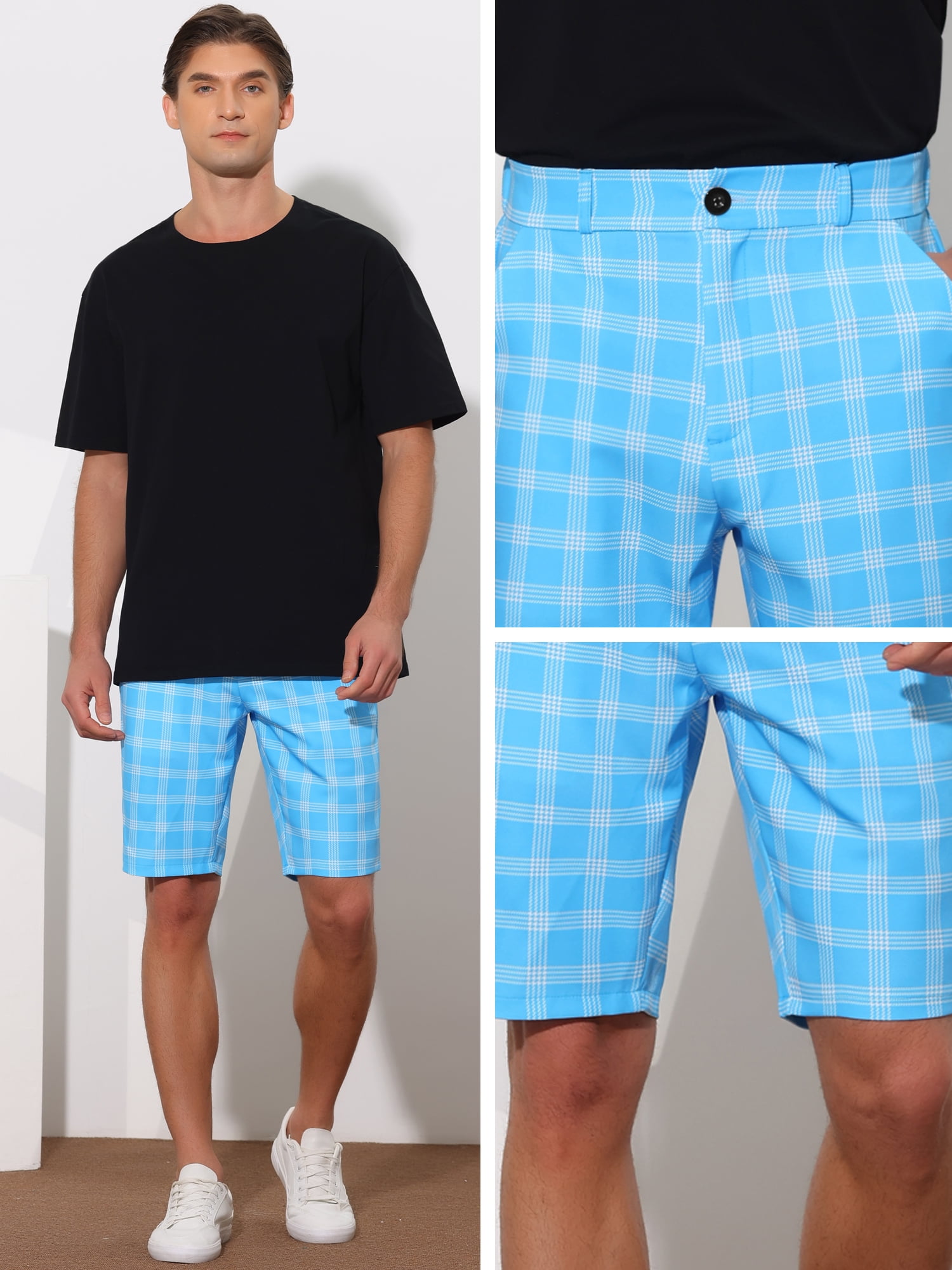 Unique Bargains Men's Plaid Shorts Flat Front Color Block Checked Shorts with Pockets 30 Blue