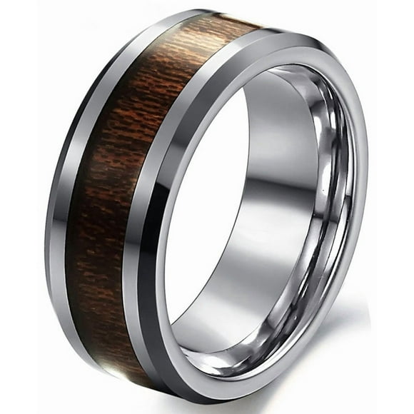 Bague en Bois Rouge Incrustée de Bois Plat Biseauté Couleur Acier Noir Tungstène Bague Unisexe pour Couples Adultes - 8MM (Couleur Acier et Marron, 8)