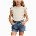 thumbnail image 3 of KPOPLK Toddler Baby Girl Ruffle Short Sleeve Shirts Little Kids Summer Crew Neck Crossback Blouse 9M-10Y Size 5-6 Years,Beige, 3 of 9
