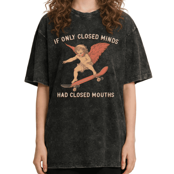 Women's "If Only Closed Minds" Skateboarding Angel Graphic Washed T Shirt Wise Cherub Vintage Black S-2XL Plus Size