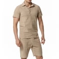 thumbnail image 2 of REORIAFEE 70s Disco Outfits for Men Gym Outfits Men Casual Patchwork Turn down Collar Short Sleeve Set Blouse Short Pants Suit Khaki M, 2 of 5