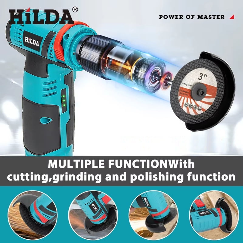 HILDA 3 inch Mini Angle Grinder 12v Cordless Power Tool For Cutting Diamond Polishing And Grinding Rechargeable Angle Grinder