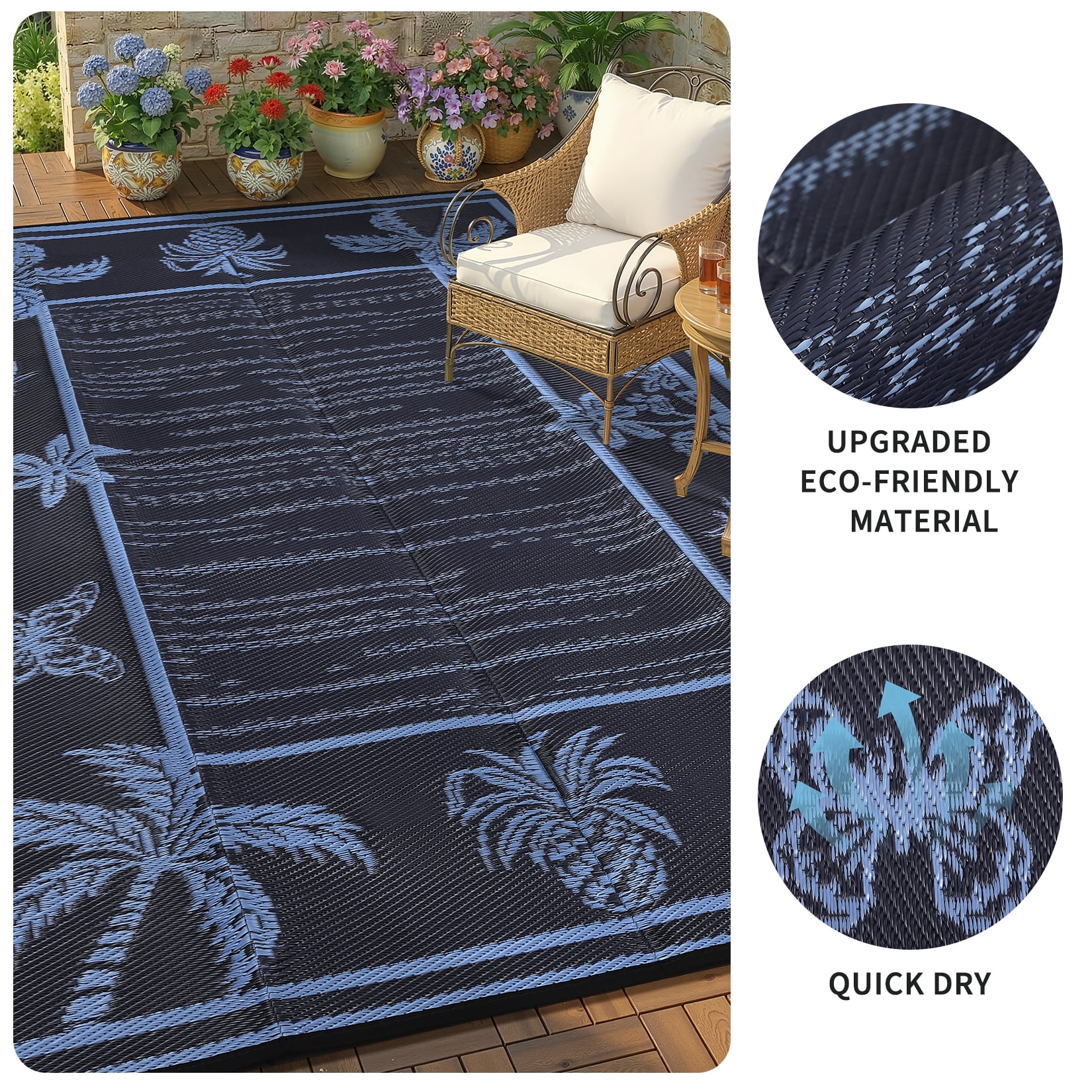 HIWEAVER Black/Blue 9'x 12' Outdoor Rug Garden Decor Floral Bordered Carpet Plastic Straw Waterproof Reversible Patio Area Rug for Balcony Deck Picnic Portable Camping Mat