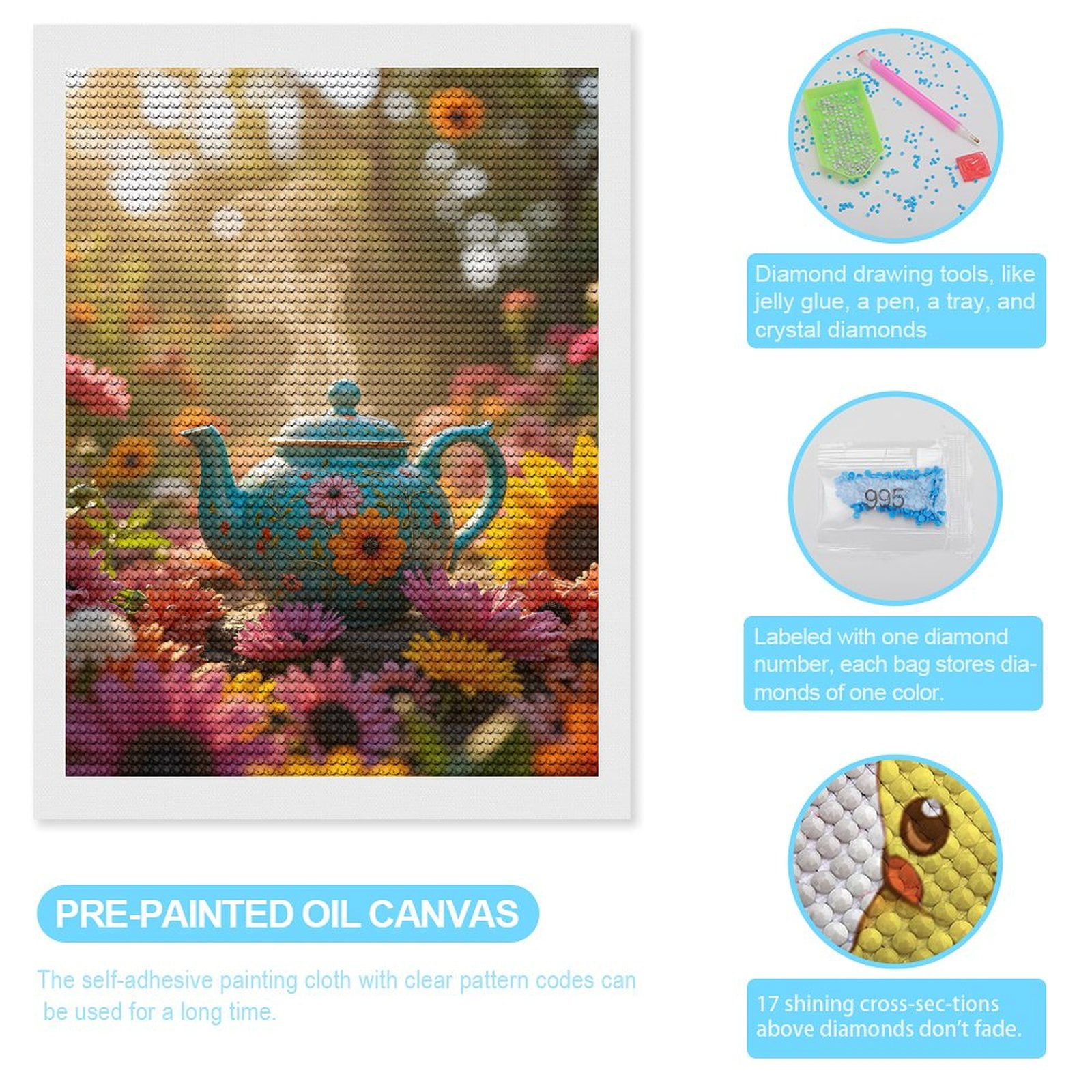 Diamond Art Kits for Adults, Ceramic Teapot Garden Blossoms 5D Diamond Painting Kits for Adults Beginners, DIY Full Drill Diamond Painting, Gem Art and Crafts 12x16