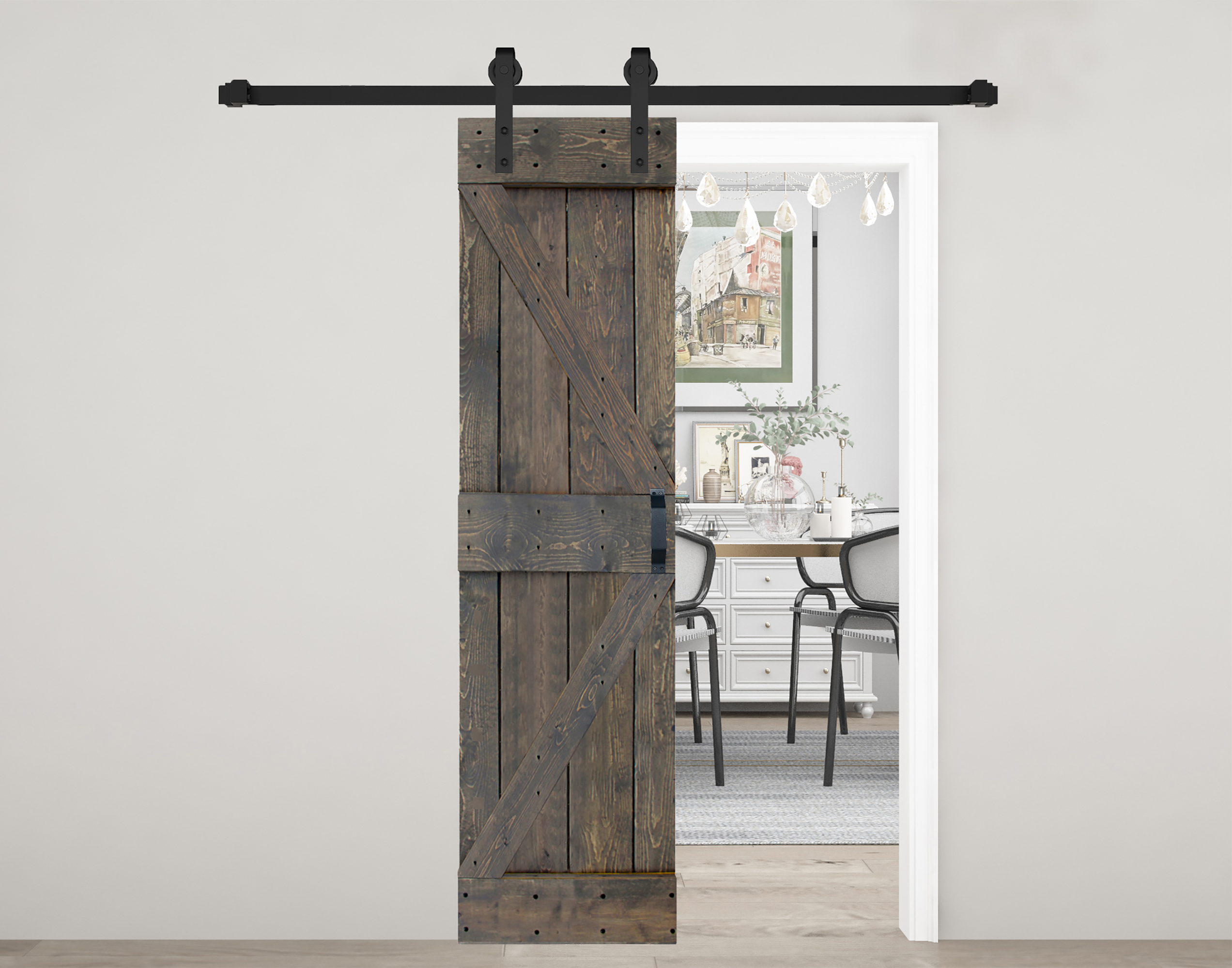 ISLIFE 24 in x 84 in K Style Finished Solid Wood Sliding Barn Door With Installation Hardware Kit (Smoky Gray )