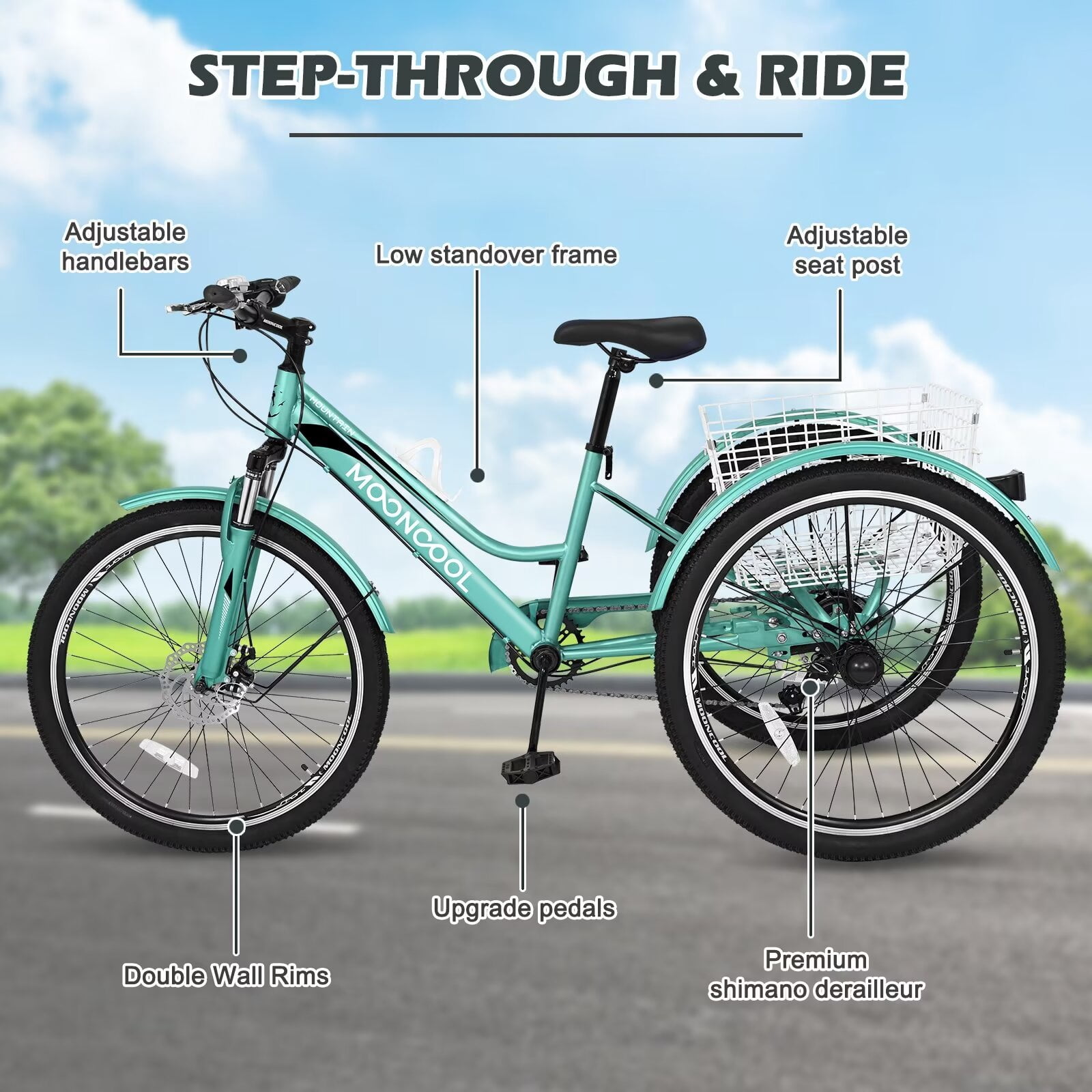 MOPHOTO 24/26 Inch Mountain Tricycle for Adults, 7 Speed Seniors Three Wheel Bikes,  Men's Women's Tricycles Trikes with Shopping Basket, Exercise