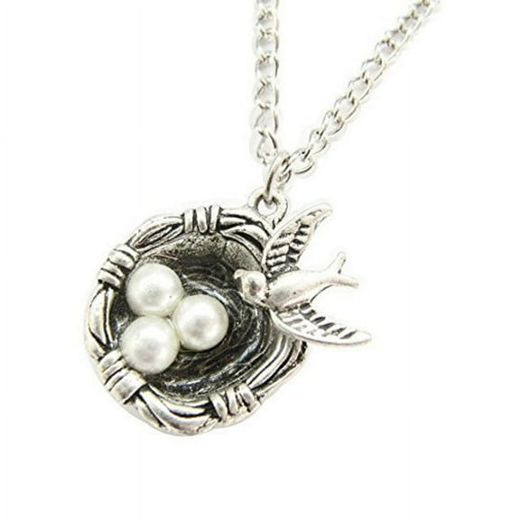 Bird Nest Necklace with Eggs SilverTone  Jewelry-27