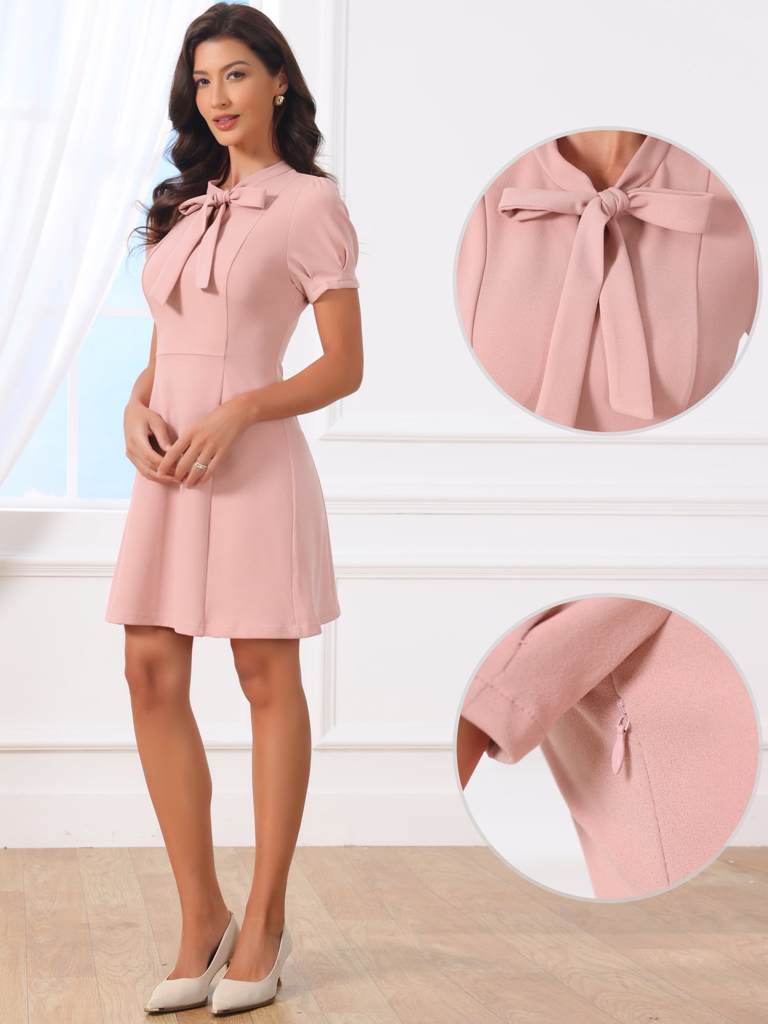 DARING DIVA Women's Work Dresses Tie Neck Puff Short Sleeve Dress XL Pink