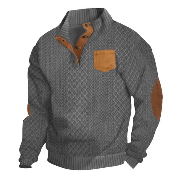 pstuiky Camisas de manga larga de invierno para hombre, Suéter de hombre con botones, color liso, cuello alto, mangas largas y cuadrados pequeños top de hombre xxl
