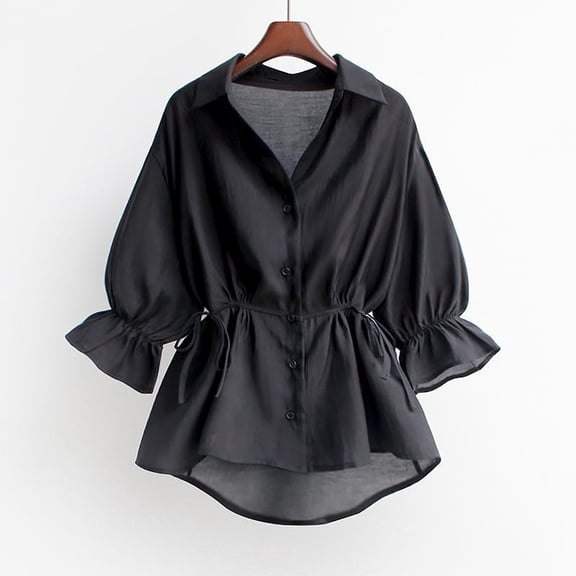 up to 60% off Gifts Usmixi Womens Tops Fashion ELastic Waist Flowy Hem Button Down Plus Size Pullover Tunic Tops Fall Casual Solid V-Neck 3/4 Sleeve Blouses Shirts Black XXL