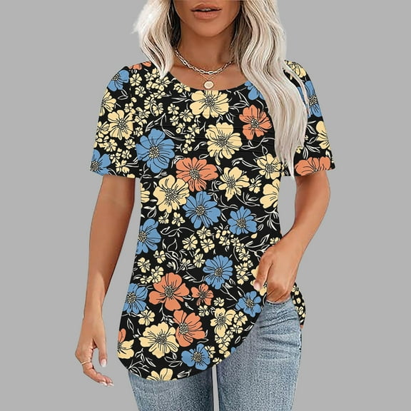 QUNYINEY Short Sleeve Summer Blouses for Women 2025 Crew Neck Casual Floral Tops Pleated Pullover Loose Tops for Women