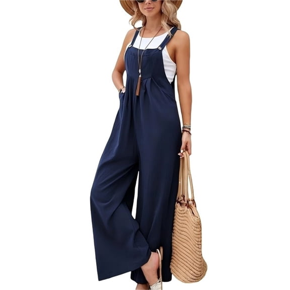 Wevis Womens Bib Overalls Wide Leg Jumpsuit Adjustable Straps Casual Loose Fit Overall Pants with Pockets - DARK BLUE_S