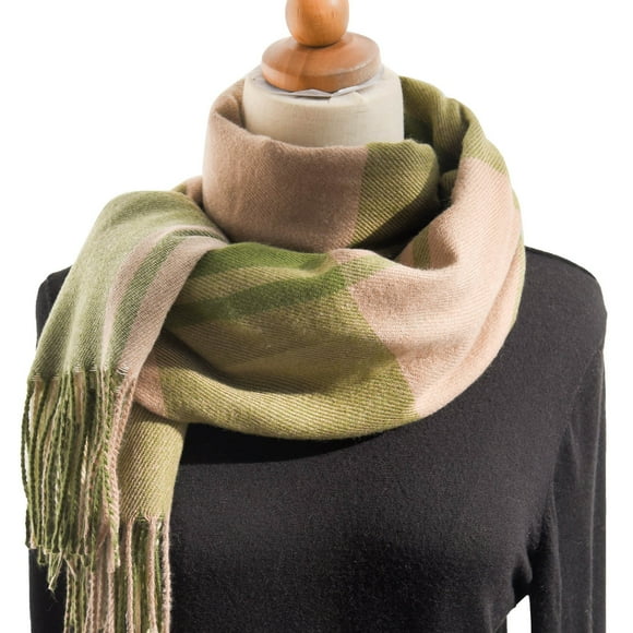 Aayomet Wool Scarf Women Winter Colorful Plaid Shawl Thickening Warm Fringe Scarf Scarf (Green, One Size)