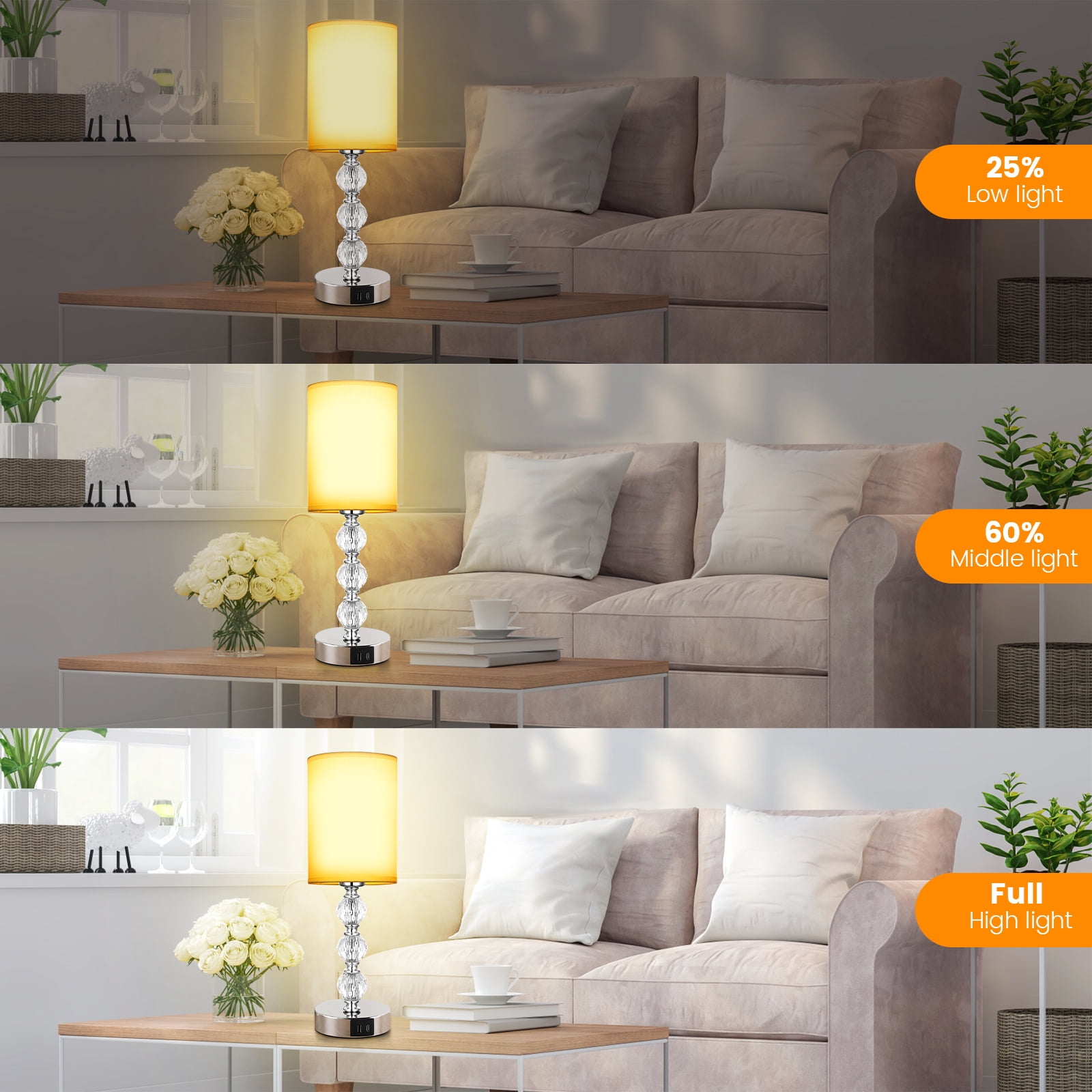 Touch Crystal Table Lamps, 3 Way Dimmable Bedside Lamp with USB C+A Charging Port for Bedroom Living Room, Office (Bulb Included)