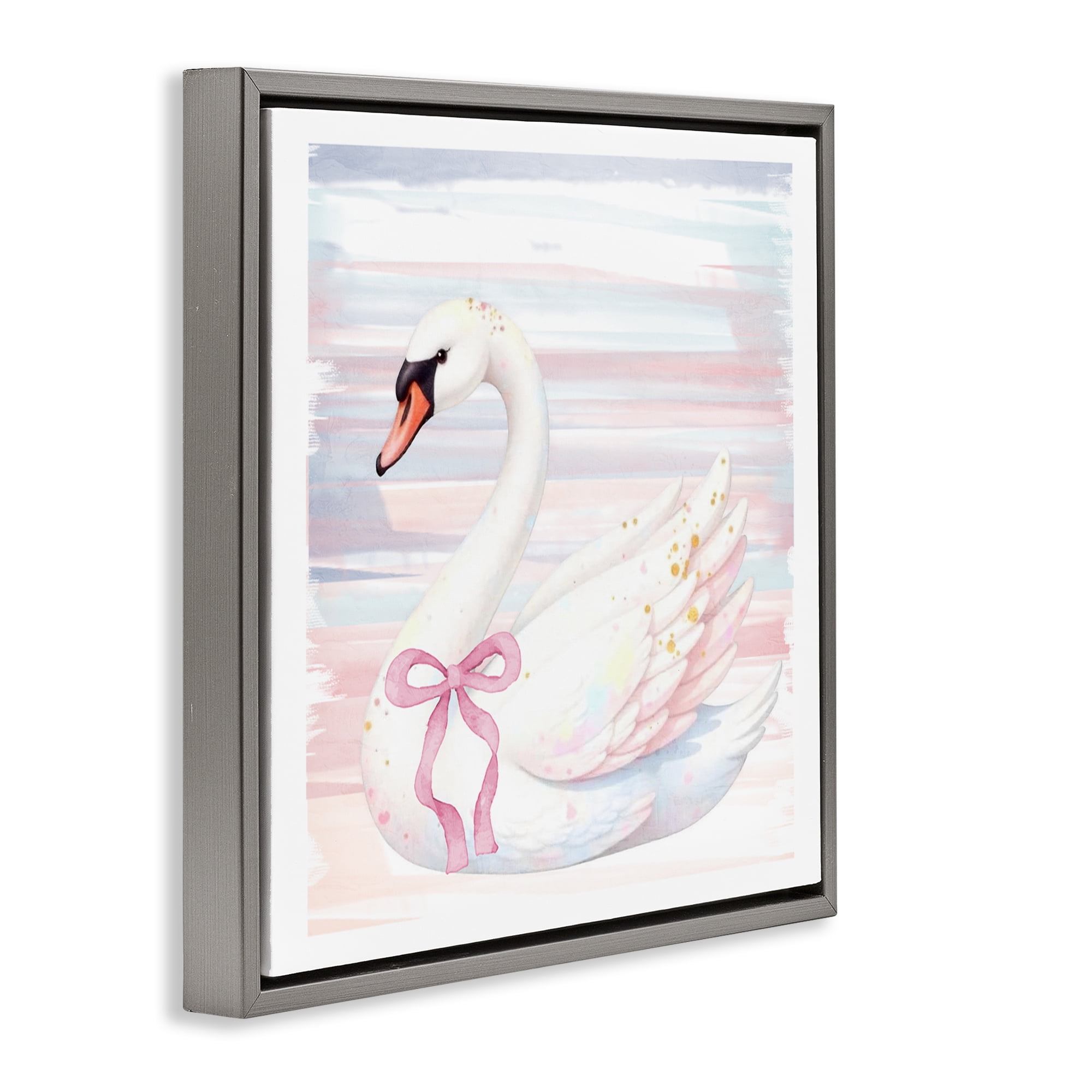 Pastel Swan with Ribbon Gray Framed Floater Canvas Wall Art, design by Kim Allen