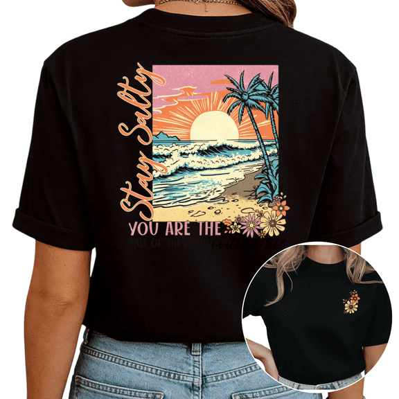 Black Stay Salty Christian Floral Beach Print Tshirt Graphic Tees Shirts S-5XL Religious Vacation Casual Tops