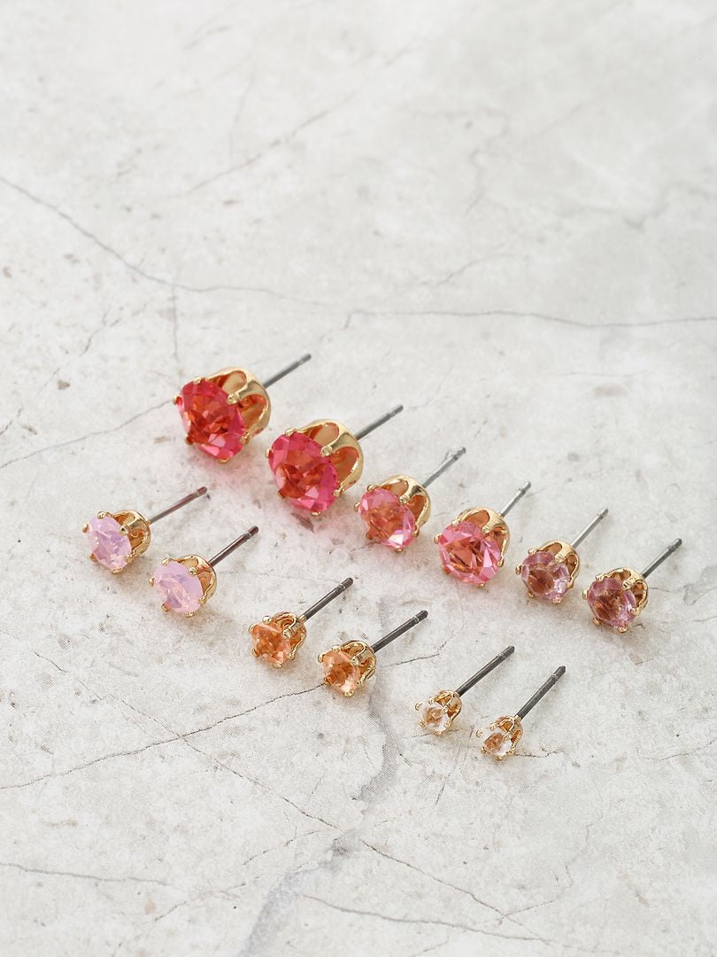 Time and Tru Women's Pink Crystal Stud Earring Collection, 6 Pairs