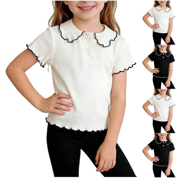 FRSASU Girl's Collar T-Shirts Short Sleeve Ruffle Button Down Tops Solid Color Casual School Uniform Blouse White
