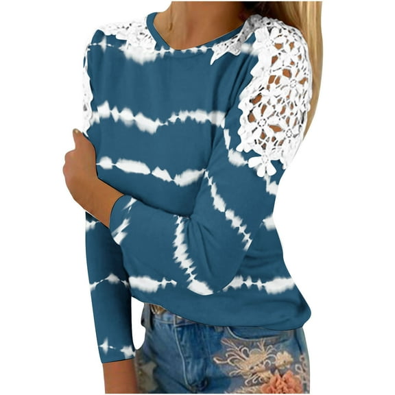 Sweatshirts Hoodies Clearance Clothes Women Summer Casual Long Sleeve Blouse Round Neck Lace Sweatshirt