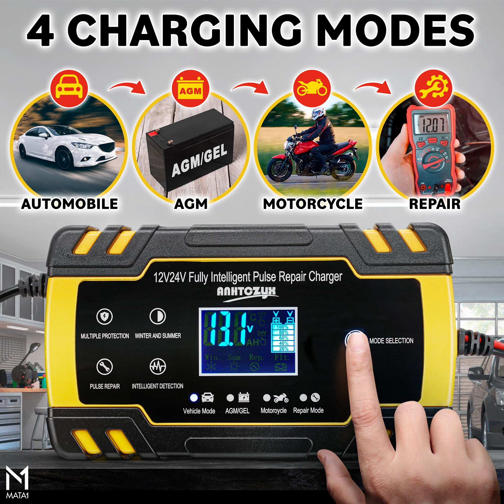 Mata1-USA Car Battery Charger & Maintainer (12V / 8A & 24V / 4A), Smart Automobile Trickle Charger & Desulfator