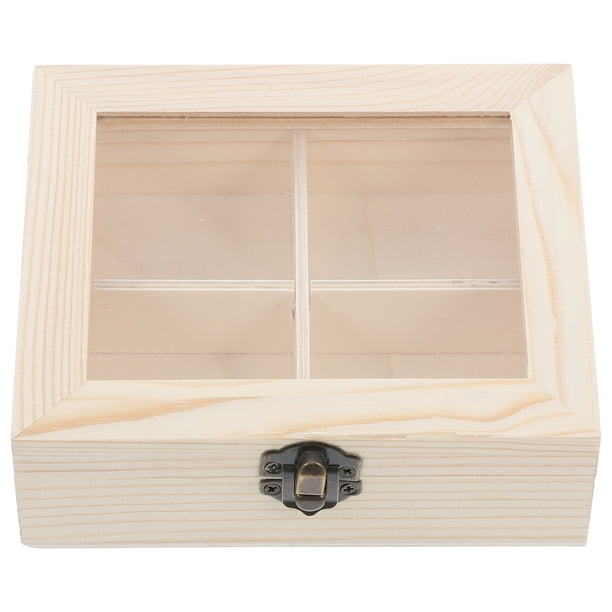 Organizador de bolsitas de té de madera con tapa abatible y cuatro compartimentos: caja de almacenamiento natural para bolsitas de café e infusiones en casa