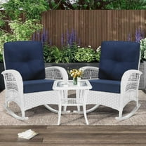 MEETWARM 3 Pieces Patio Conversation Set, Rattan Outdoor Rocking Patio Bistro Set with 2 Rockers and 1 Side Table with 4" Thick Cushions, Outdoor Furniture Set for Porch Backyard, White Wicker/Navy