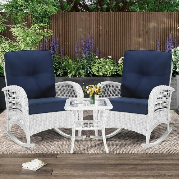 MEETWARM 3 Pieces Patio Conversation Set, Rattan Outdoor Rocking Patio Bistro Set with 2 Rockers and 1 Side Table with 4" Thick Cushions, Outdoor Furniture Set for Porch Backyard, White Wicker/Navy