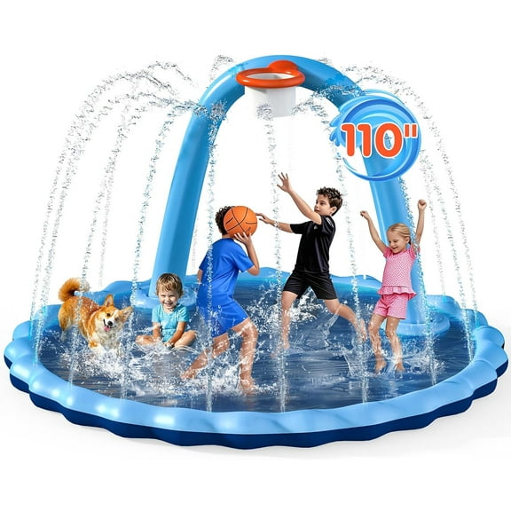 2-in-1 Splash Pad for Kids & Dogs, 110" Outdoor Water Sprinkler with Basketball Hoop Arch – Large, Thickened Pool Mat Toy for Backyard, Pool & Garden Summer Fun