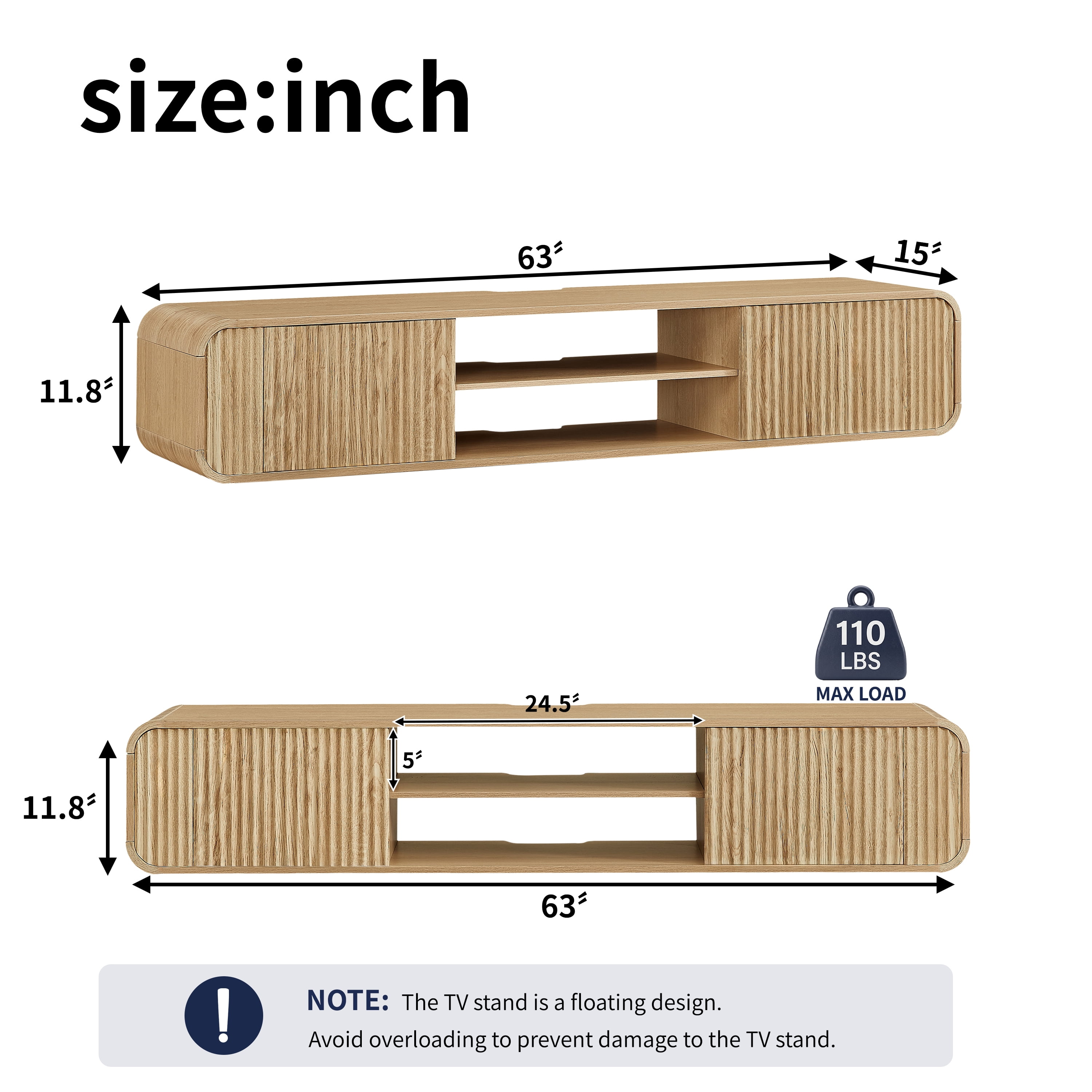 63" Wall‑Mounted TV Stand with Open Storage, Hanging Cabinet for Living Room, Bedroom & Home Use,Natural