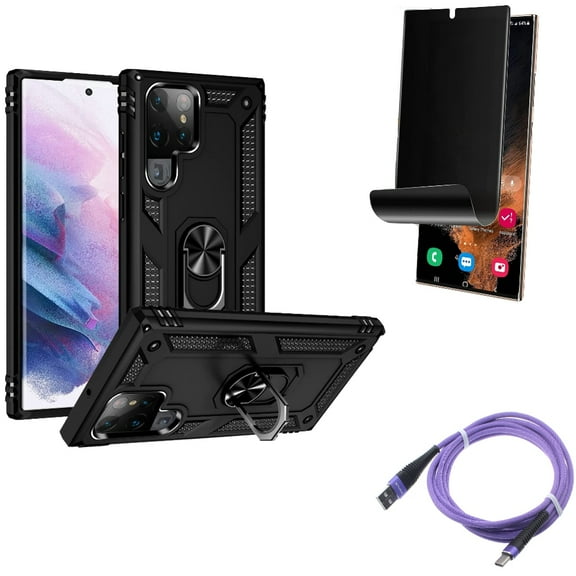 Hybrid Case Cover & 10ft USB Cable & Privacy Screen Protector for Samsung Galaxy S22 Ultra (6.8") - Combo Metal Ring Kickstand & Purple Type-C Charger Cord & TPU Film (Fingerprint) Anti-Peep
