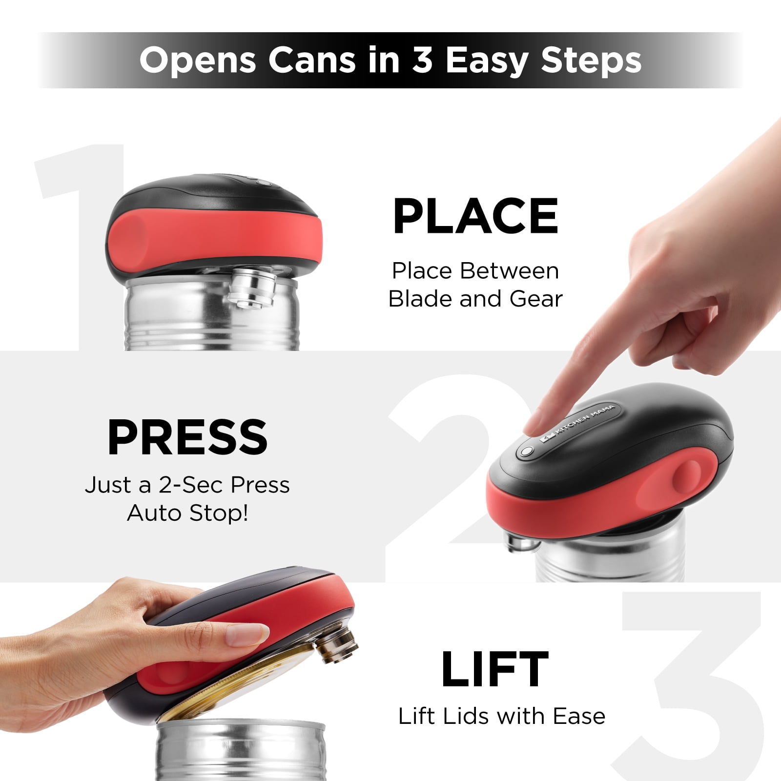 Kitchen Mama One-To-Go Electric Can Opener : Auto Stop, Smooth Edge, Battery Operated (Red)