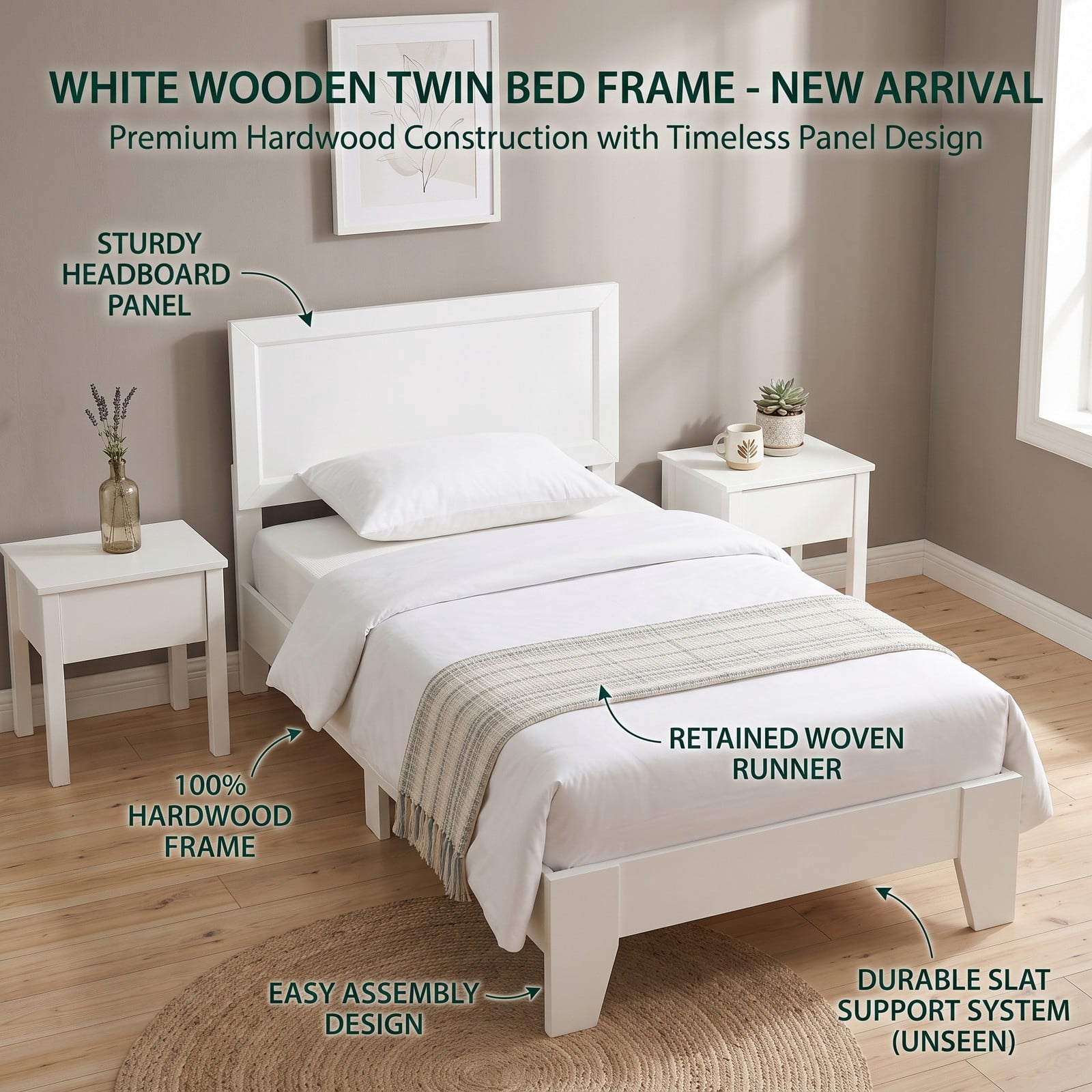 Furnibear Twin Bed Frame Wood Platform Bed with Paneled Headboard, No Box Spring Needed Wooden Platform Bed for Small Rooms, White