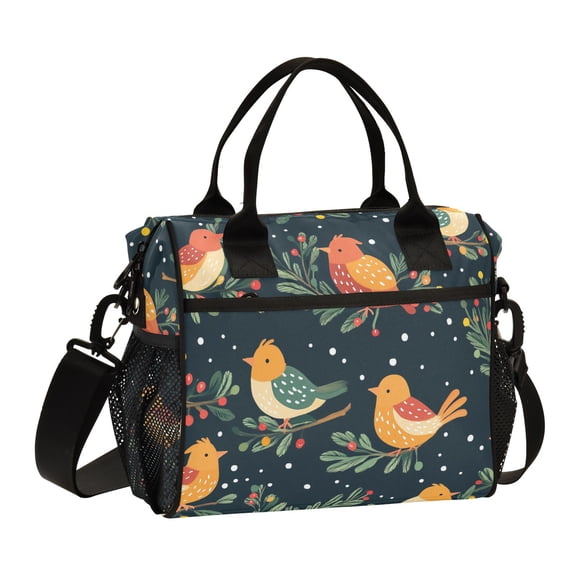 Ckdifva Christmas Birds Leaves Cooler Bag Cooler Cooling Tote Lunch Bag Lunch Box Front Pocket with Shoulder Strap