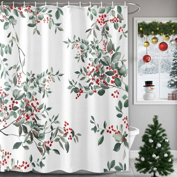 Berry Watercolor Leaf Shower Curtains for Bathroom, Christmas Winter Xmas Waterproof Fabric Shower Curtain for Bathroom Bathtub Decoration, Machine Washable, 72"x72"