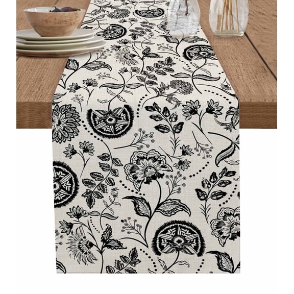 Boanket Black Spring Floral Table Runner - 48 Inch Long, Kitchen Dining Table Runner Dresser Scarves, Summer Botanical Farmhouse Vintage Farmhouse Home Decor for Coffee Table Wedding Party Banquet
