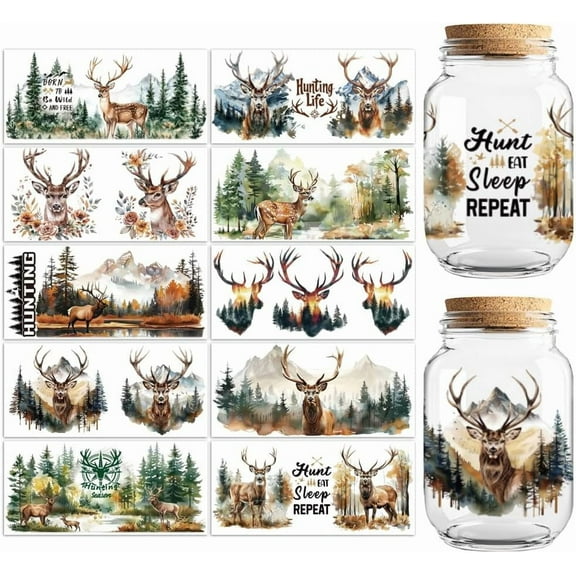 UV DTF Cup Transfer Wraps Stickers Forest Deer 10 Sheets Waterproof Vinyl 16oz Coffee Glass Cup Tumbler Bottle Mug Decals